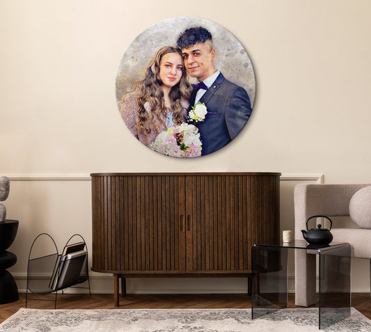 Retrato redondo pintado a mano a partir de una foto – Arte personalizado para tu hogar