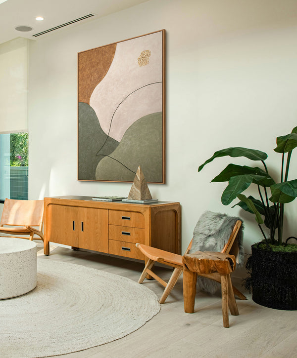 Tableau abstrait avec texture en beige, vert et or – Peinture acrylique moderne sur toile