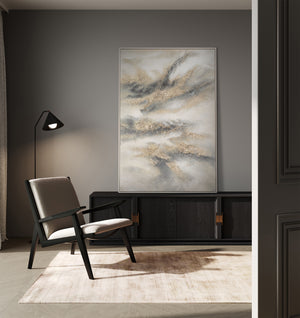 Peinture acrylique peinte à la main en gris et or – Décoration murale abstraite "Mélodie des Nuages"