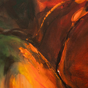 Abstrakte Leinwandkunst mit intensiver Farbstruktur in Gelb und Orange