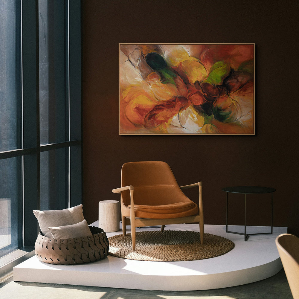 Tableau sur toile peint à la main aux couleurs naturelles – Peinture abstraite encadrée « Danse d'automne »