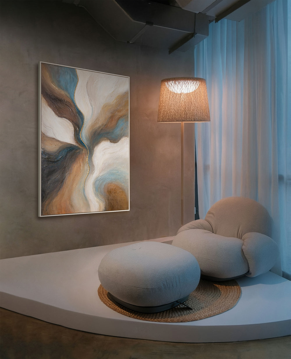 Peinture moderne en brun et bleu – Décoration murale peinte à la main "Le Passage du Temps"