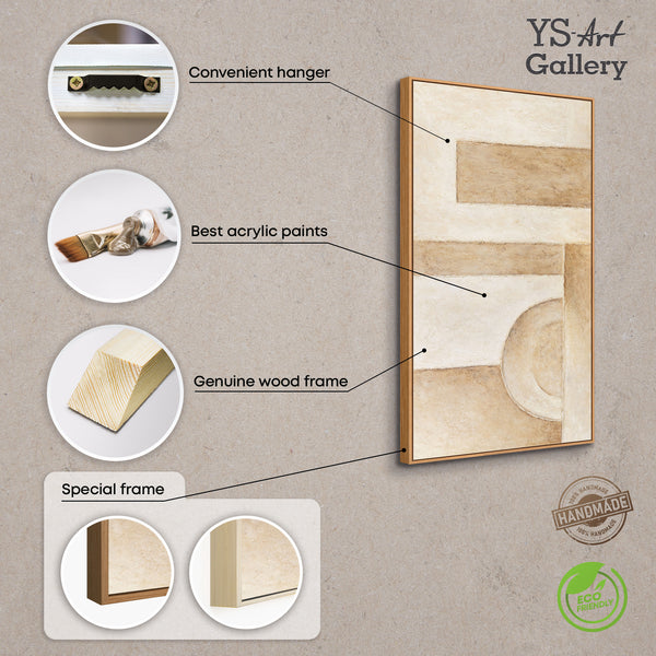 Peinture acrylique abstraite beige, peinte à la main et encadrée – Art mural moderne « Espace des formes »