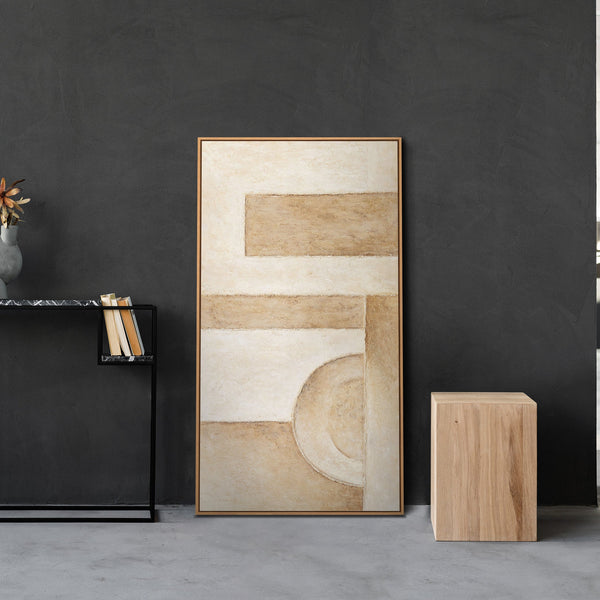 Peinture acrylique abstraite beige, peinte à la main et encadrée – Art mural moderne « Espace des formes »