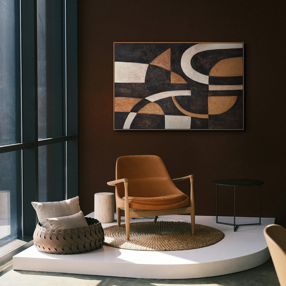 Peinture acrylique abstraite géométrique avec cadre – Art mural peint à la main « Harmonie des courbes »