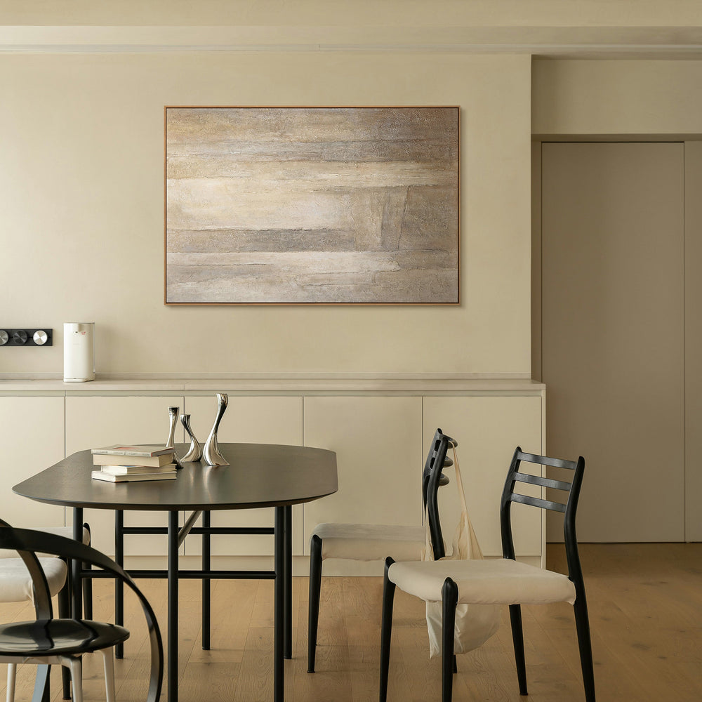 Peinture acrylique abstraite sur toile, dans les tons beige-gris « Verticales du temps »