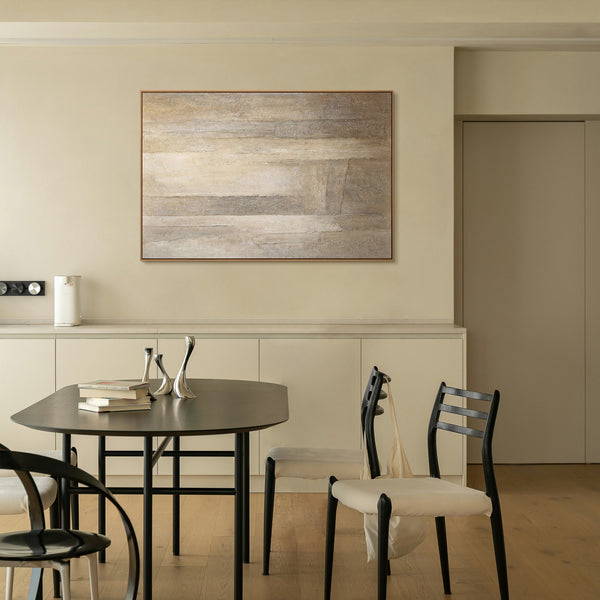 Peinture acrylique abstraite sur toile, dans les tons beige-gris « Verticales du temps »