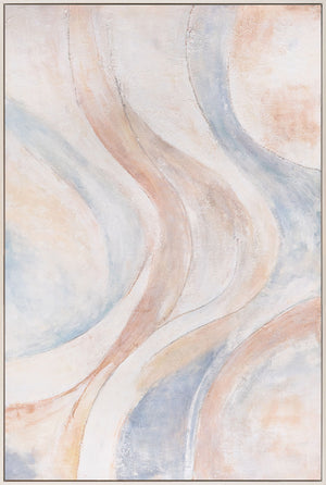 Peinture abstraite sur toile, beige et bleu – tableau encadré texturé « Lignes de vent »