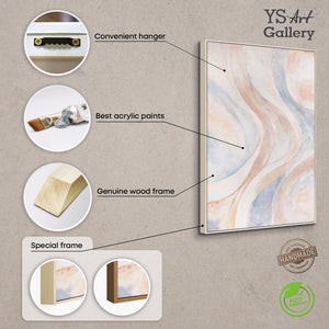 Peinture abstraite sur toile, beige et bleu – tableau encadré texturé « Lignes de vent »