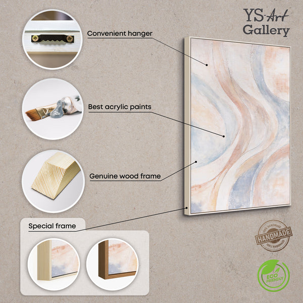 Peinture abstraite sur toile, beige et bleu – tableau encadré texturé « Lignes de vent »