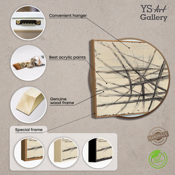 Abstraktes Leinwandbild mit klarer Linienkomposition in Schwarz auf hellem Hintergrund