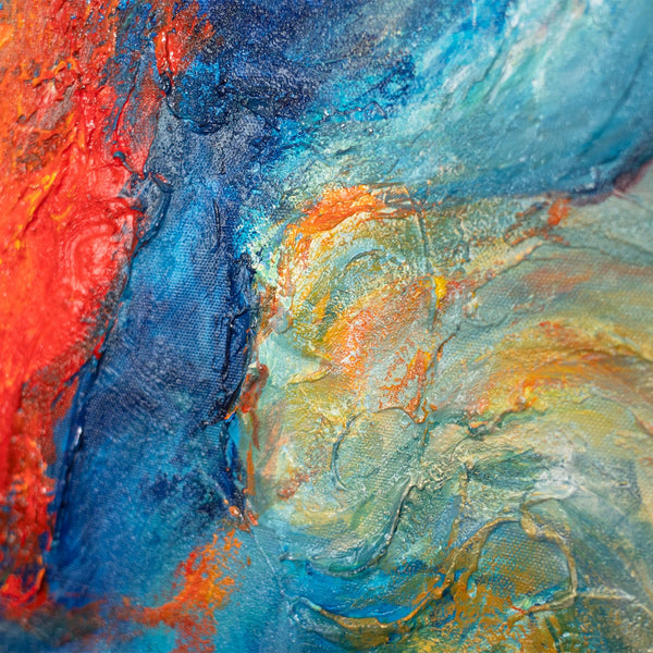 Expressives Acrylbild in Blau Rot – Abstrakte Wandkunst mit Rahmen „Verschmelzung der Energien“