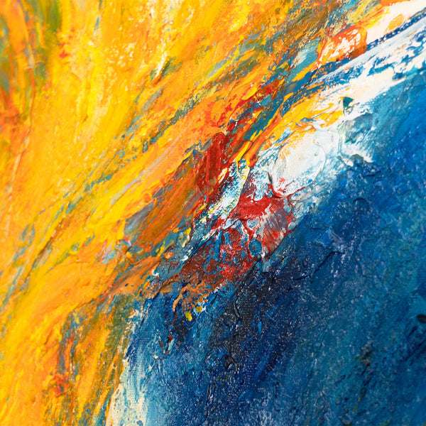 Abstraktes Leinwandbild mit dynamischer Bewegung in Gelb, Blau und Orange