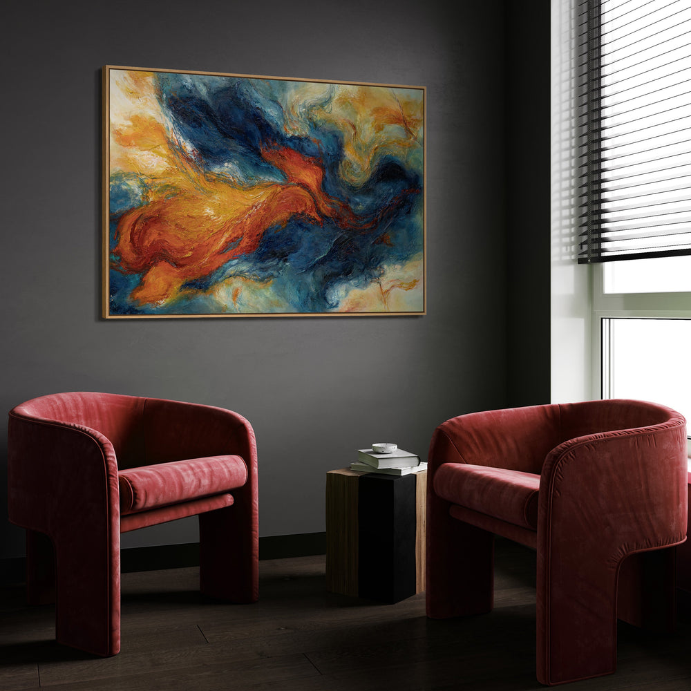 Peinture acrylique expressive bleue et rouge – Art mural abstrait avec cadre « Fusion des énergies »
