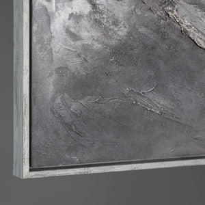 Peinture acrylique abstraite moderne grise – œuvre murale texturée avec cadre « Souvenir des rochers »