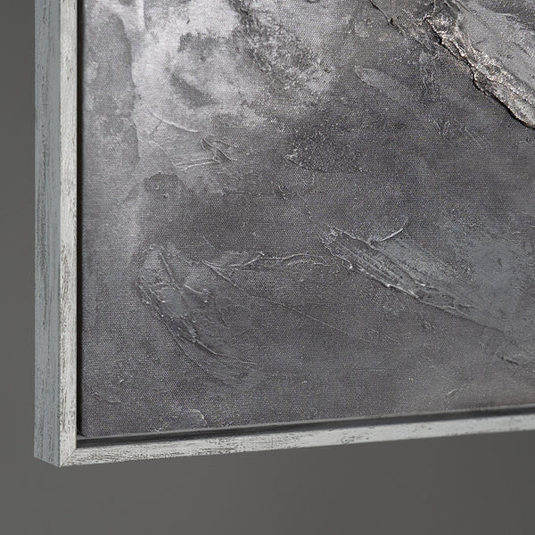Peinture acrylique abstraite moderne grise – œuvre murale texturée avec cadre « Souvenir des rochers »