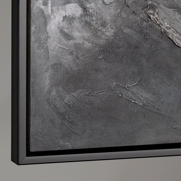 Peinture acrylique abstraite moderne grise – œuvre murale texturée avec cadre « Souvenir des rochers »
