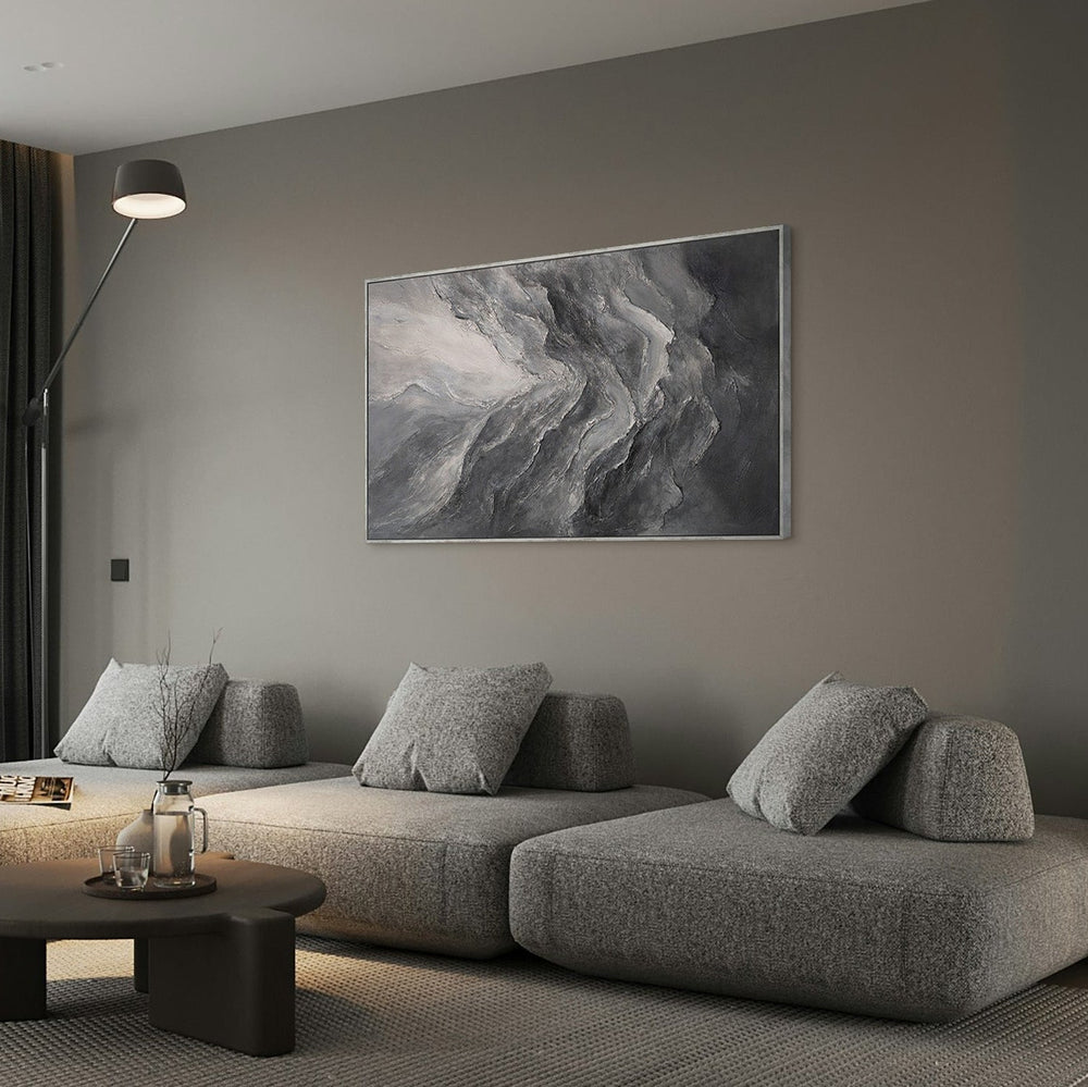 Peinture acrylique abstraite moderne grise – œuvre murale texturée avec cadre « Souvenir des rochers »