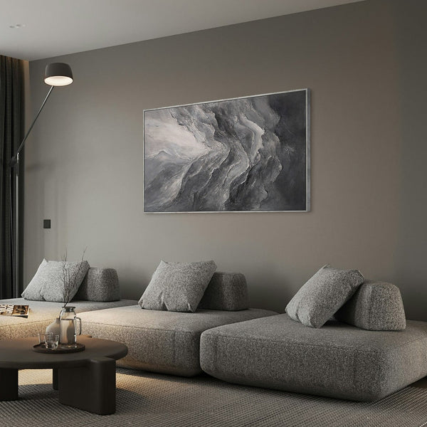 Peinture acrylique abstraite moderne grise – œuvre murale texturée avec cadre « Souvenir des rochers »