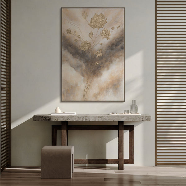 Toile encadrée « Lueur dans les nuages » – Fleurs abstraites aux tons dorés