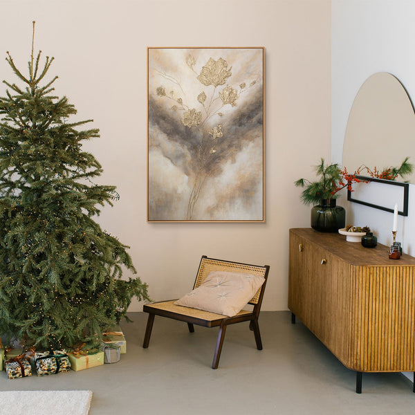 Toile encadrée « Lueur dans les nuages » – Fleurs abstraites aux tons dorés