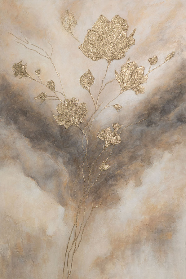 Toile encadrée « Lueur dans les nuages » – Fleurs abstraites aux tons dorés