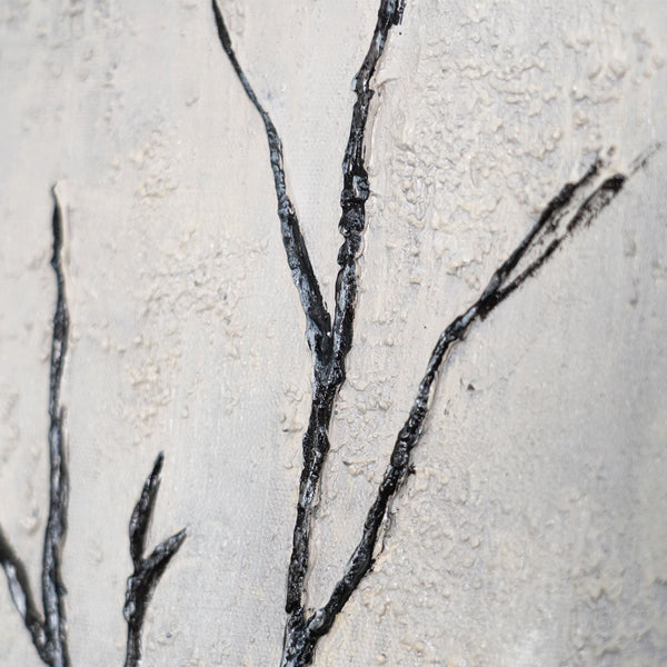 Peinture acrylique encadrée, peinte à la main « Souffle d'hiver » – Art abstrait en noir et blanc