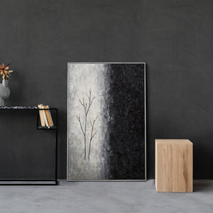 Peinture acrylique encadrée, peinte à la main « Souffle d'hiver » – Art abstrait en noir et blanc