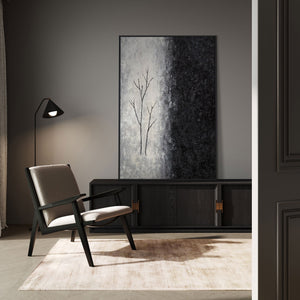 Peinture acrylique encadrée, peinte à la main « Souffle d'hiver » – Art abstrait en noir et blanc