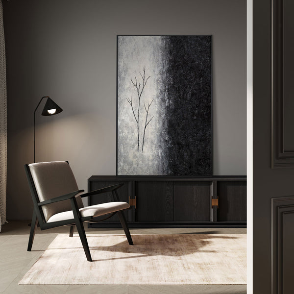 Peinture acrylique encadrée, peinte à la main « Souffle d'hiver » – Art abstrait en noir et blanc
