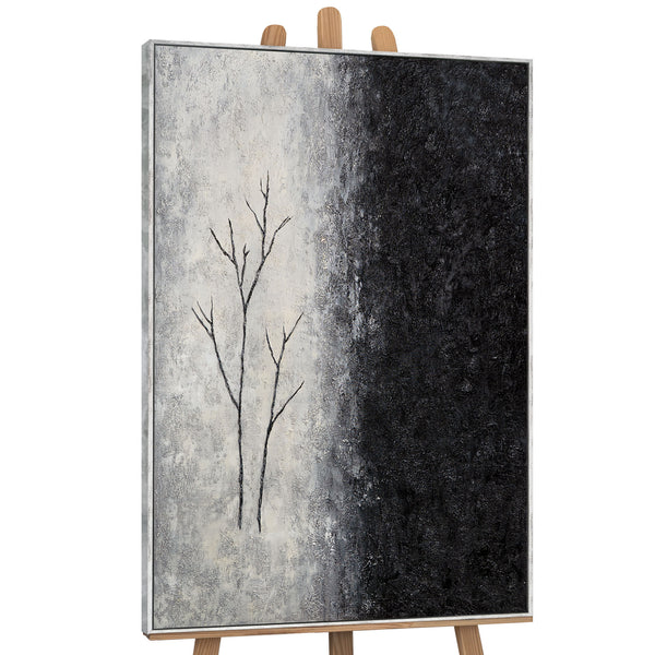 Peinture acrylique encadrée, peinte à la main « Souffle d'hiver » – Art abstrait en noir et blanc