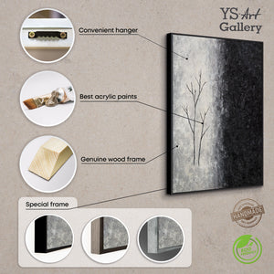 Peinture acrylique encadrée, peinte à la main « Souffle d'hiver » – Art abstrait en noir et blanc