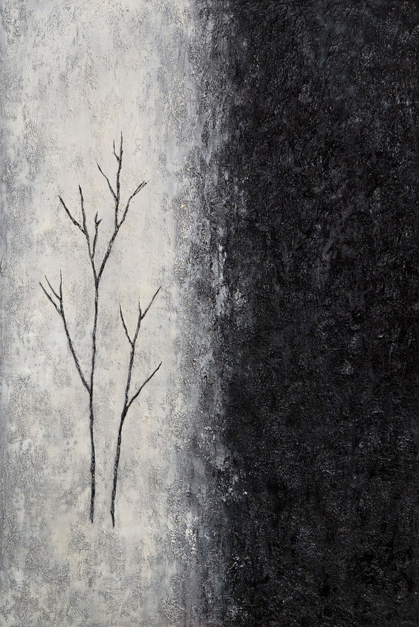 Peinture acrylique encadrée, peinte à la main « Souffle d'hiver » – Art abstrait en noir et blanc