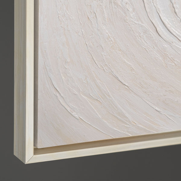 Tableau abstrait sur toile intitulé « Flux de lumière », aux tons naturels clairs, sous cadre.