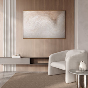 Tableau abstrait sur toile intitulé « Flux de lumière », aux tons naturels clairs, sous cadre.