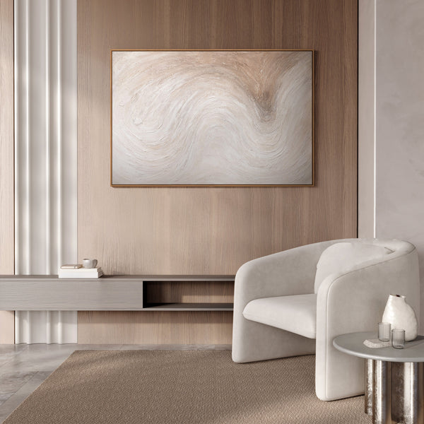 Tableau abstrait sur toile intitulé « Flux de lumière », aux tons naturels clairs, sous cadre.