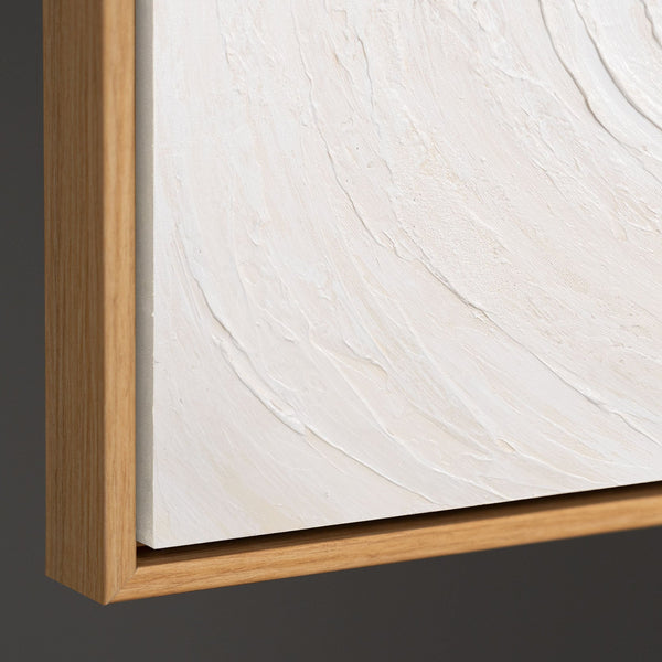 Tableau abstrait sur toile intitulé « Flux de lumière », aux tons naturels clairs, sous cadre.