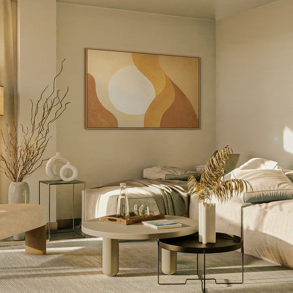 Œuvre abstraite apaisante sur toile encadrée, avec une lumière douce intitulée « Étreinte de l'aube ».