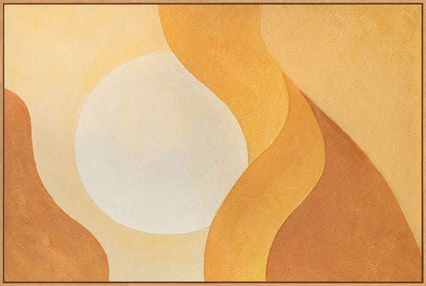 Œuvre abstraite apaisante sur toile encadrée, avec une lumière douce intitulée « Étreinte de l'aube ».