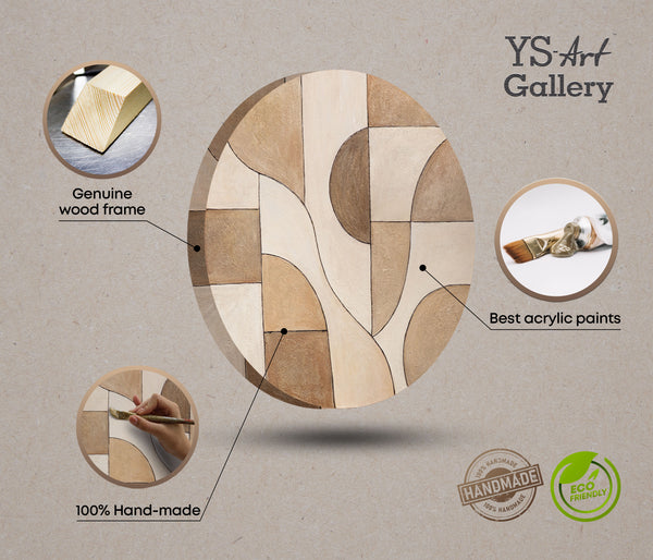 Peinture acrylique ronde « Ornements du temps » – Art abstrait et structurel aux tons terreux