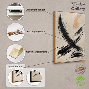 Impression sur toile encadrée « Le pouvoir du coup de pinceau » – Art abstrait peint à la main en noir et beige