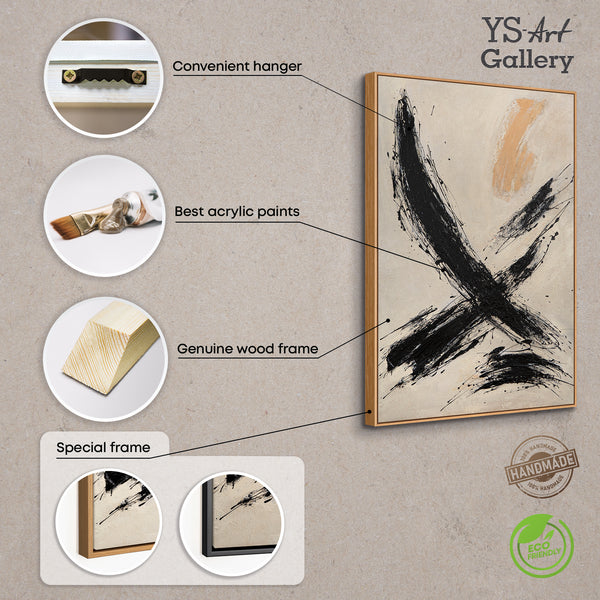 Impression sur toile encadrée « Le pouvoir du coup de pinceau » – Art abstrait peint à la main en noir et beige
