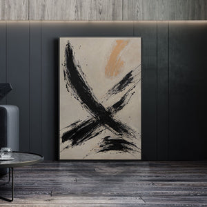 Impression sur toile encadrée « Le pouvoir du coup de pinceau » – Art abstrait peint à la main en noir et beige