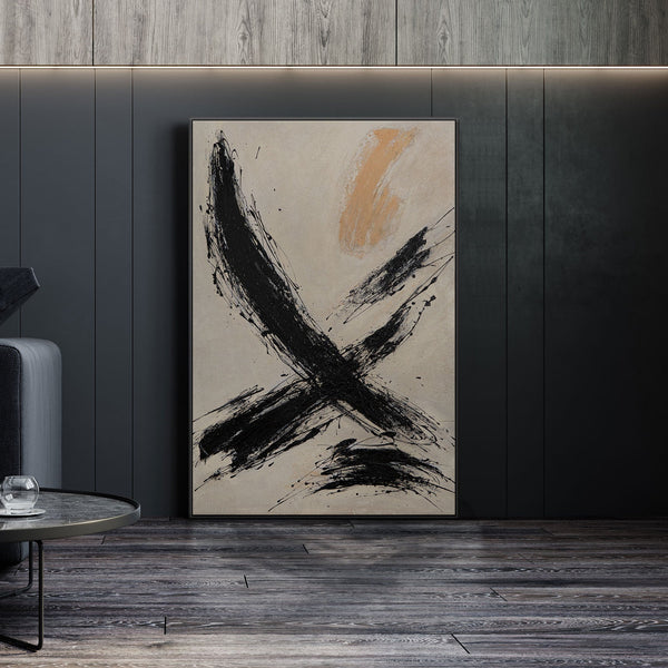 Impression sur toile encadrée « Le pouvoir du coup de pinceau » – Art abstrait peint à la main en noir et beige