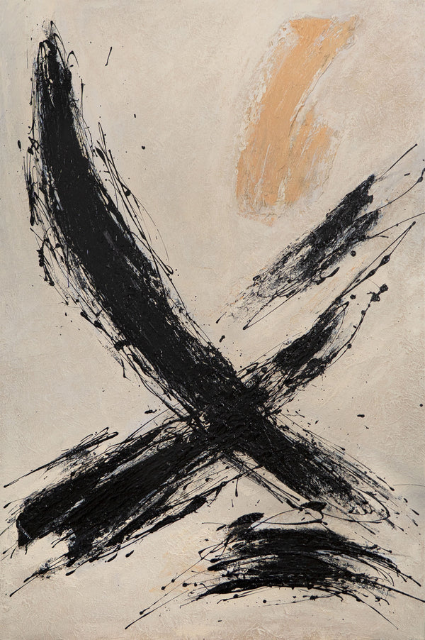 Impression sur toile encadrée « Le pouvoir du coup de pinceau » – Art abstrait peint à la main en noir et beige