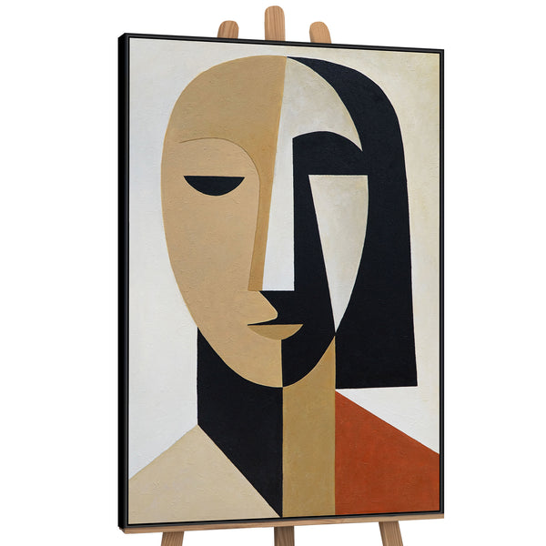 Peinture acrylique peinte à la main avec cadre « Géométrie du visage » – Art mural cubiste sur toile