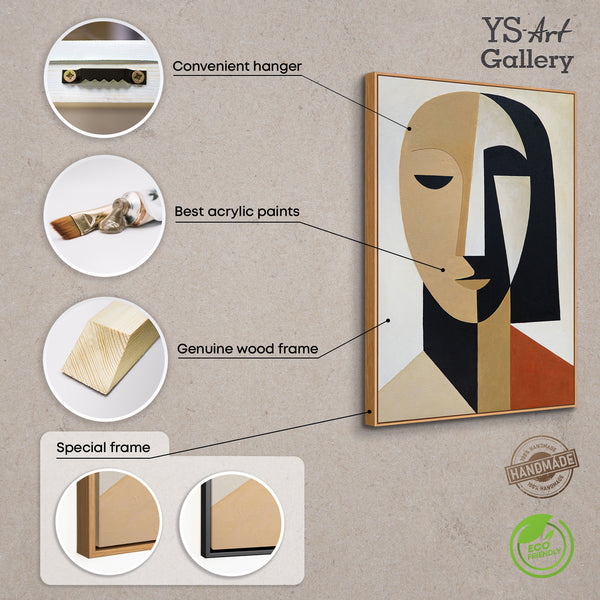 Peinture acrylique peinte à la main avec cadre « Géométrie du visage » – Art mural cubiste sur toile
