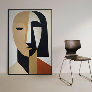 Peinture acrylique peinte à la main avec cadre « Géométrie du visage » – Art mural cubiste sur toile