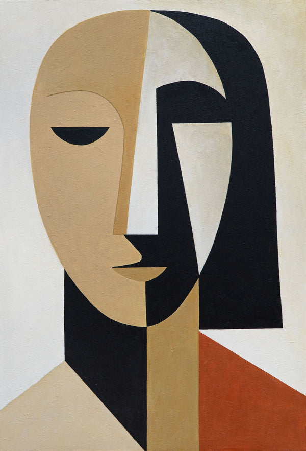 Peinture acrylique peinte à la main avec cadre « Géométrie du visage » – Art mural cubiste sur toile