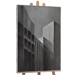 Tableau abstrait encadré « Paysages urbains » – Peinture acrylique moderne en gris et noir
